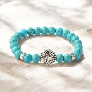 NWT Boho Seashell Turqoise Bead Stretch Bracelet